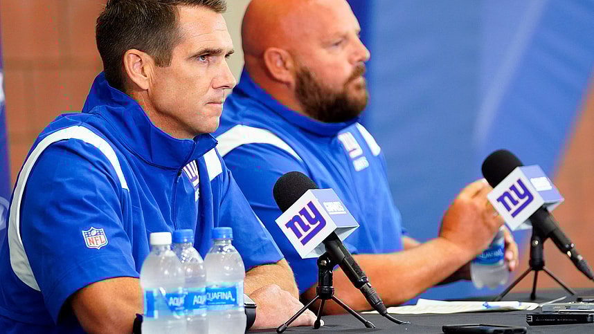 New York Giants general manager Joe Schoen, left, and head coach Brian Daboll hold a press conference before the first day of training camp at Quest Diagnostics Training Center in East Rutherford