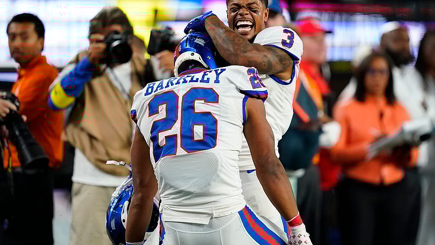 New York Giants wide receiver Sterling Shepard (3) and running back Saquon Barkley (26) celebrate Barkley's rushing touchdown in the second half