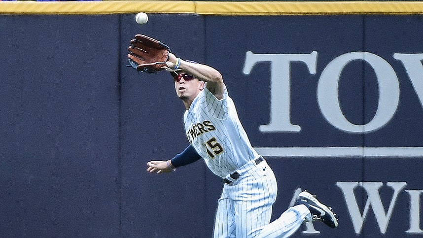 Milwaukee Brewers right fielder Tyrone Taylor (15) makes a running catch of ball hit by New York Mets left fielder Jeff McNeil (not pictured) in the fourth inning at American Family Field