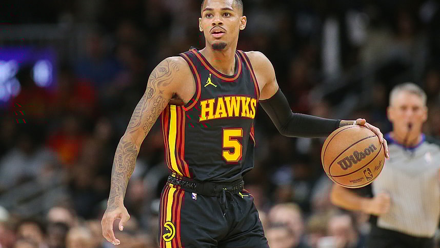Atlanta Hawks guard Dejounte Murray (5) dribbles against the New York Knicks in the second half at State Farm Arena
