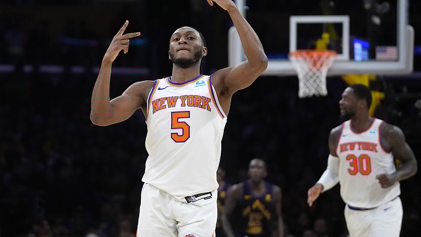 New York Knicks guard Immanuel Quickley (5) celebrates against the Los Angeles Lakers in the second half at Crypto.com Arena