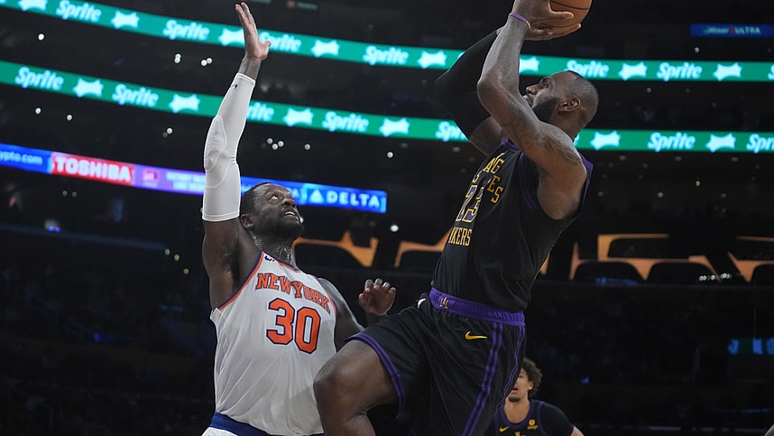Los Angeles Lakers forward LeBron James (23) shoots the ball against New York Knicks forward Julius Randle (30) in the second half at Crypto.com Arena