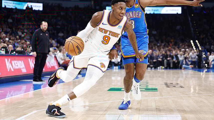 New York Knicks guard RJ Barrett (9) moves around Oklahoma City Thunder forward Jalen Williams (8) during the second quarter at Paycom Center