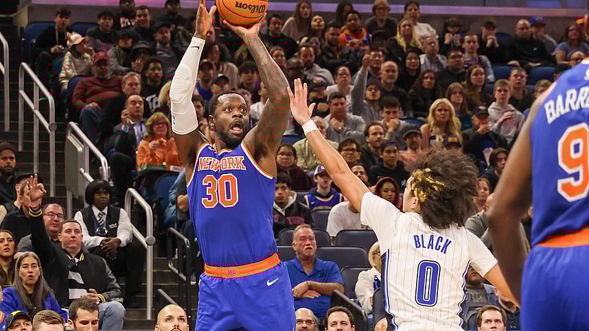 New York Knicks forward Julius Randle (30) shoots the ball over Orlando Magic guard Anthony Black (0) during the second quarter at KIA Center