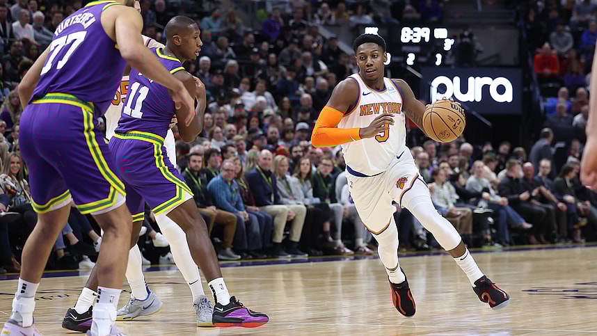 New York Knicks guard RJ Barrett (9) drives to the basket against the Utah Jazz during the second quarter at Delta Center
