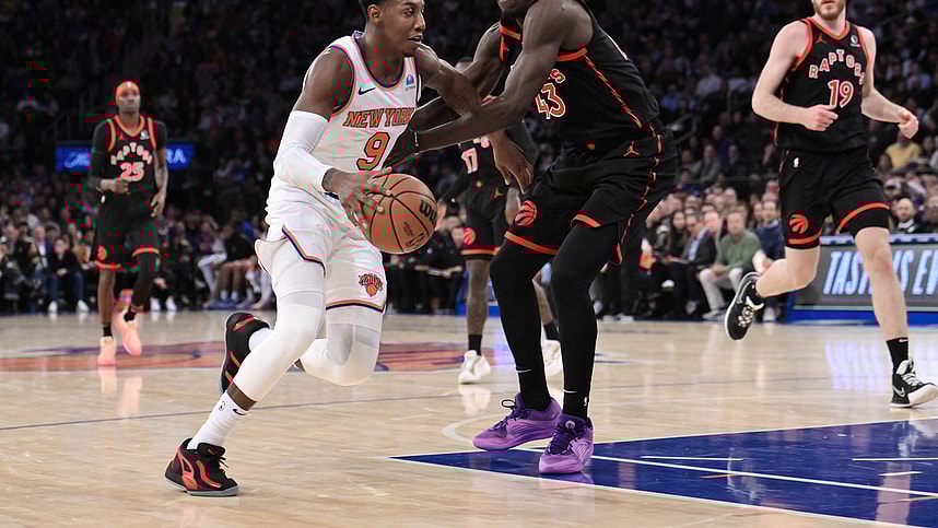 New York Knicks guard RJ Barrett (9) drives to the basket as Toronto Raptors forward Pascal Siakam (43) defends during the second quarter at Madison Square Garden