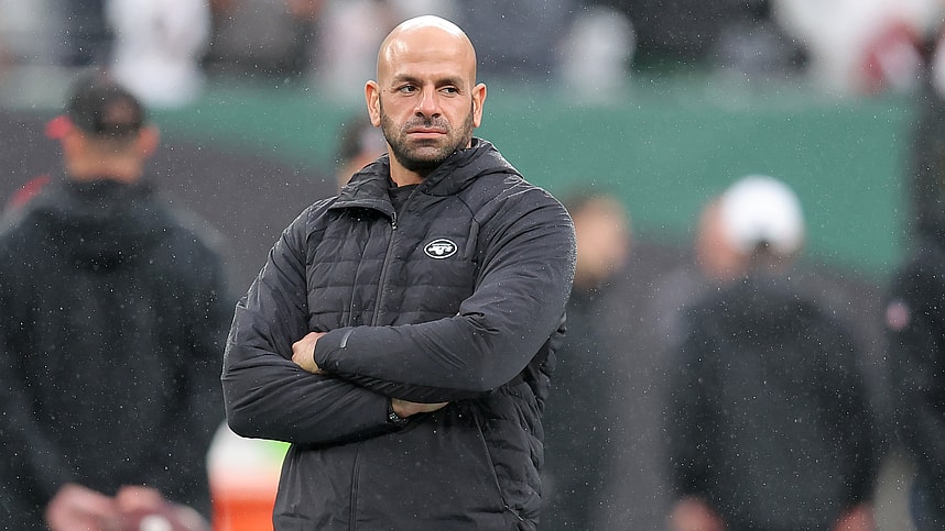 New York Jets head coach Robert Saleh watches his team warm up before a game against the Atlanta Falcons at MetLife Stadium