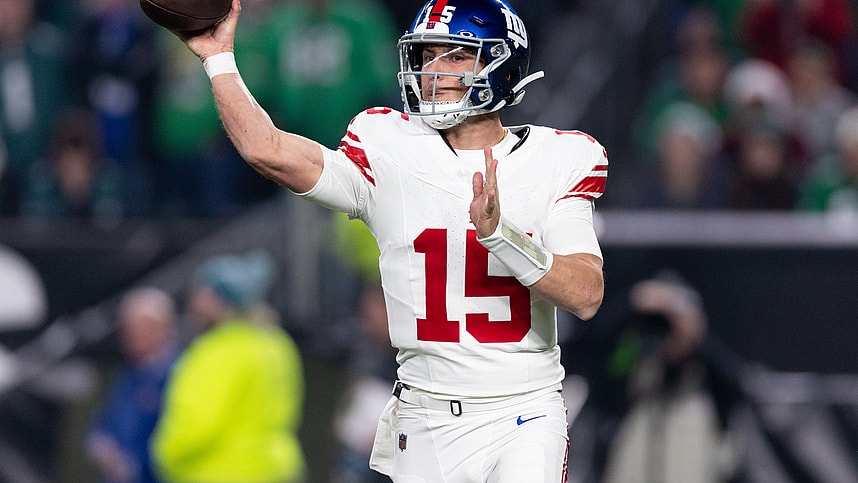 New York Giants quarterback Tommy DeVito (15) passes the ball against the Philadelphia Eagles during the second quarter at Lincoln Financial Field