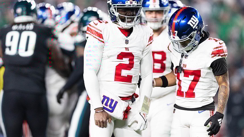 New York Giants quarterback Tyrod Taylor (2) reacts after a being tackled hard against the Philadelphia Eagles during the third quarter at Lincoln Financial Field