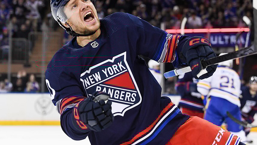 New York Rangers left wing Artemi Panarin (10) celebrates his goal against the Buffalo Sabres during the first period at Madison Square Garden