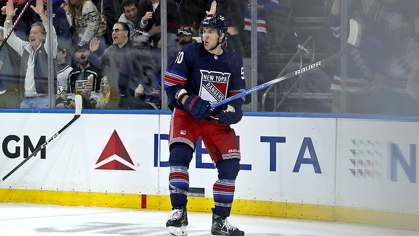 New York Rangers left wing Will Cuylle (50) celebrates after his goal against the Los Angeles Kings during the third period at Madison Square Garden