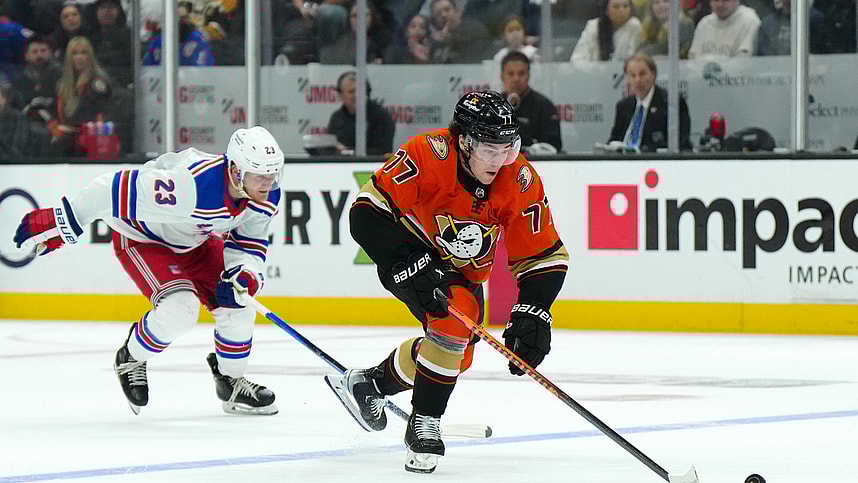 Anaheim Ducks right wing Frank Vatrano (77) skates with the puck against New York Rangers defenseman Adam Fox (23) in the second period at Honda Center