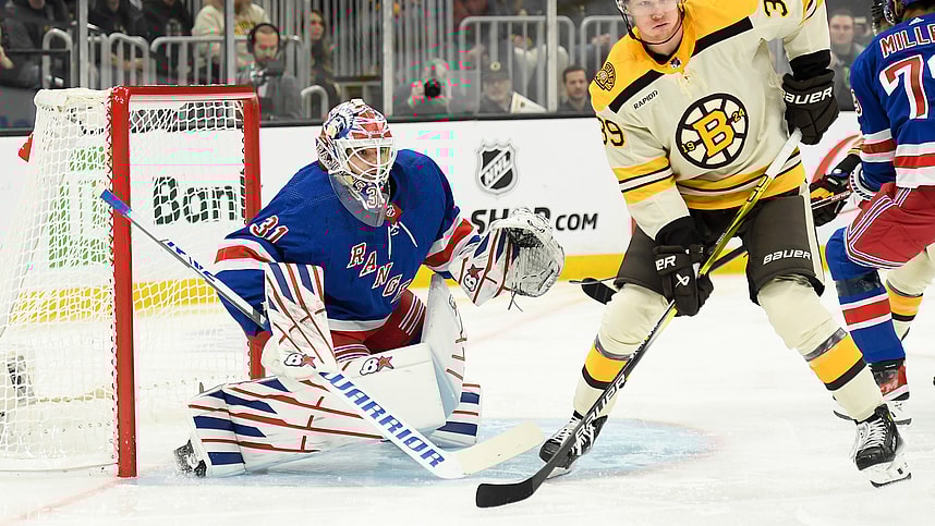New York Rangers goaltender Igor Shesterkin (31) watches the puck in front of Boston Bruins center Morgan Geekie (39) during the first period at TD Garden