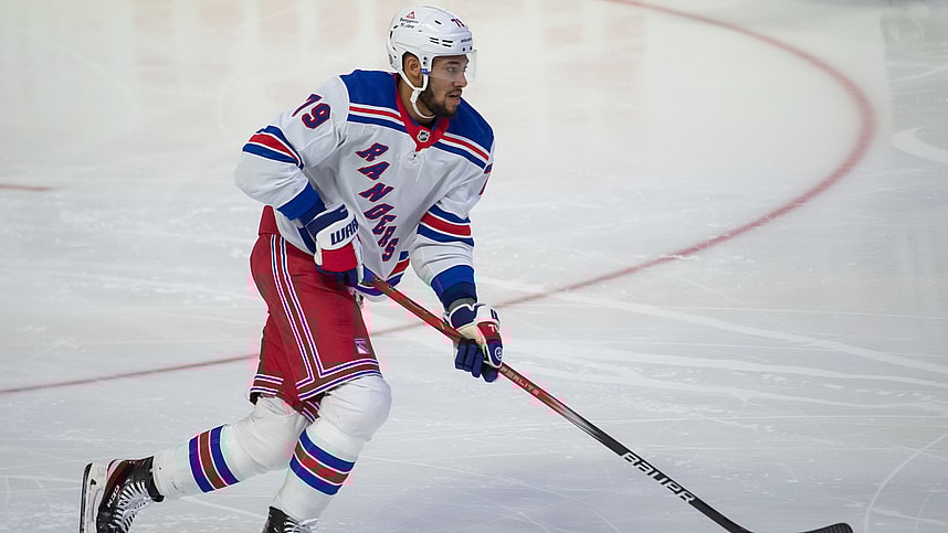 New York Rangers defenseman K'Andre Miller (79) skates with the puck in the third period against the Ottawa Senators at the Canadian Tire Centre