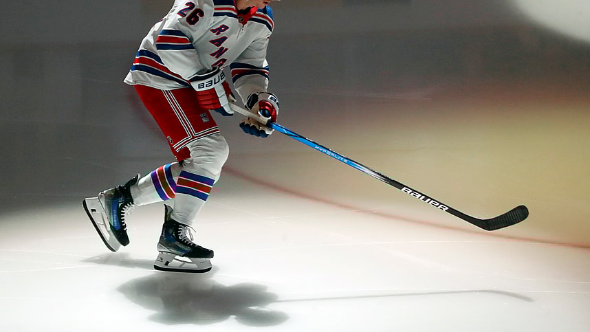 New York Rangers left wing Jimmy Vesey (26) takes the ice to warms up before the game against the Pittsburgh Penguins at PPG Paints Arena