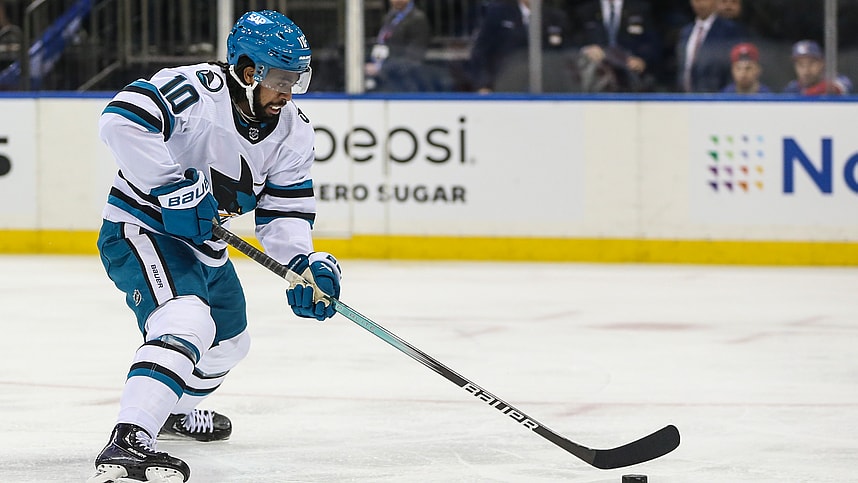 San Jose Sharks left wing Anthony Duclair (10) skates down ice for a shot on goal attempt in the first period against the New York Rangers at Madison Square Garden