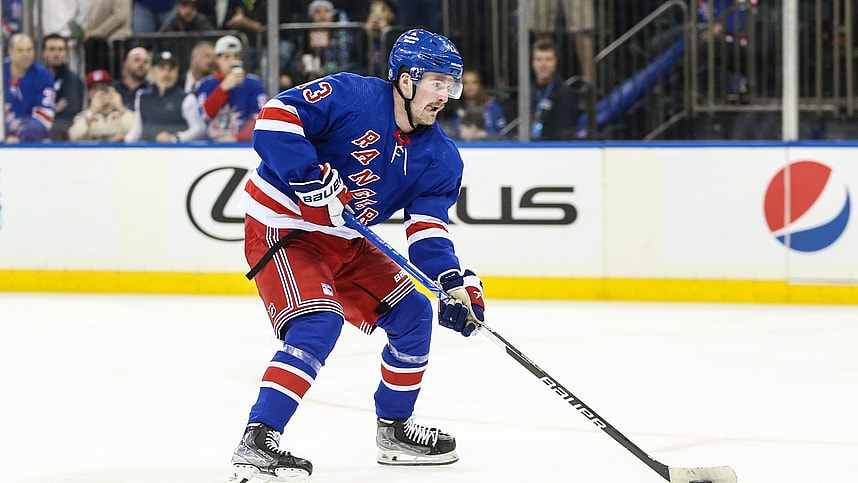 New York Rangers left wing Alexis Lafreniere (13) skates down ice during a penalty shot attempt in the second period against the San Jose Sharks at Madison Square Garden