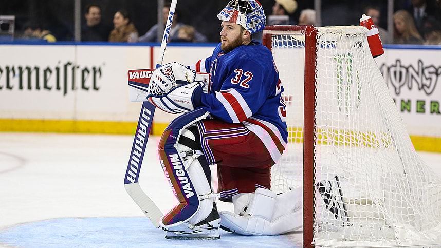 New York Rangers goaltender Jonathan Quick (32) gets ready for play to resume in the third period against the San Jose Sharks at Madison Square Garden