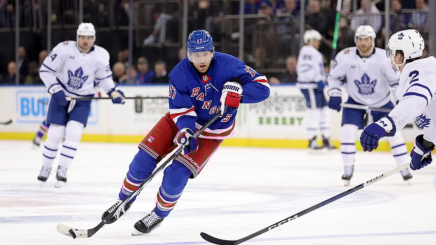 New York Rangers right wing Blake Wheeler (17) skates with the puck against the Toronto Maple Leafs during the second period at Madison Square Garden