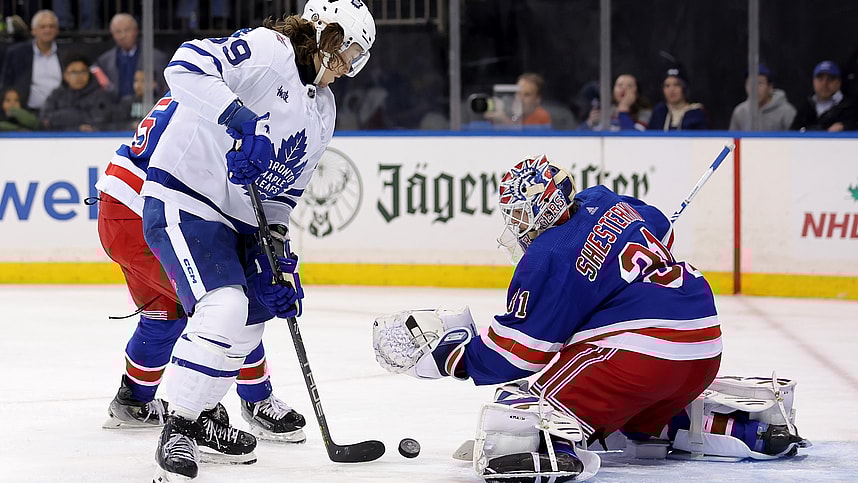 Toronto Maple Leafs left wing Tyler Bertuzzi (59) takes a shot against New York Rangers goaltender Igor Shesterkin (31) during the third period at Madison Square Garden