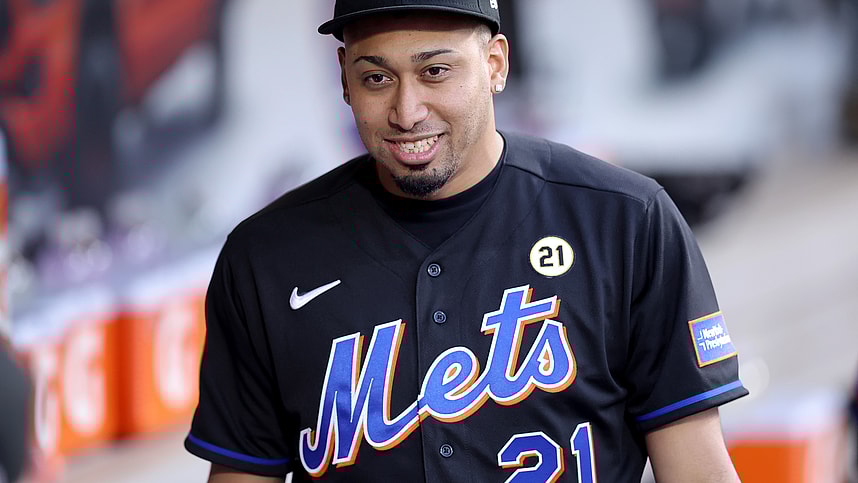 New York Mets injured pitcher Edwin Diaz in the dugout before a game against the Cincinnati Reds at Citi Field