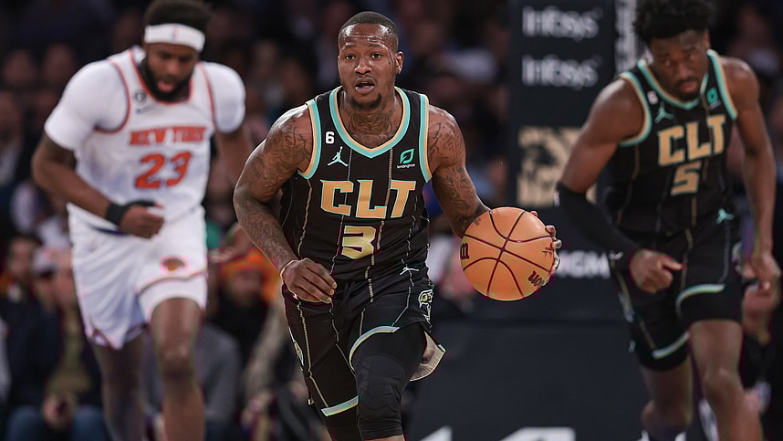 Charlotte Hornets guard Terry Rozier (3) dribbles up court  in front of New York Knicks center Mitchell Robinson (23) and center Mark Williams (5) during the first quarter at Madison Square Garden