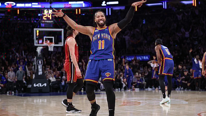 New York Knicks guard Jalen Brunson (11) reacts after making a three point basket during the second half against the Miami Heat at Madison Square Garden