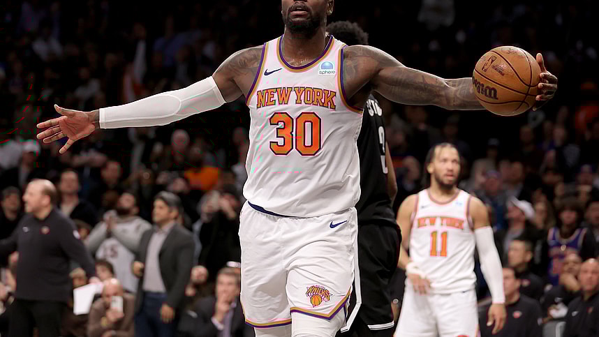 New York Knicks forward Julius Randle (30) reacts during the fourth quarter against the Brooklyn Nets at Barclays Center
