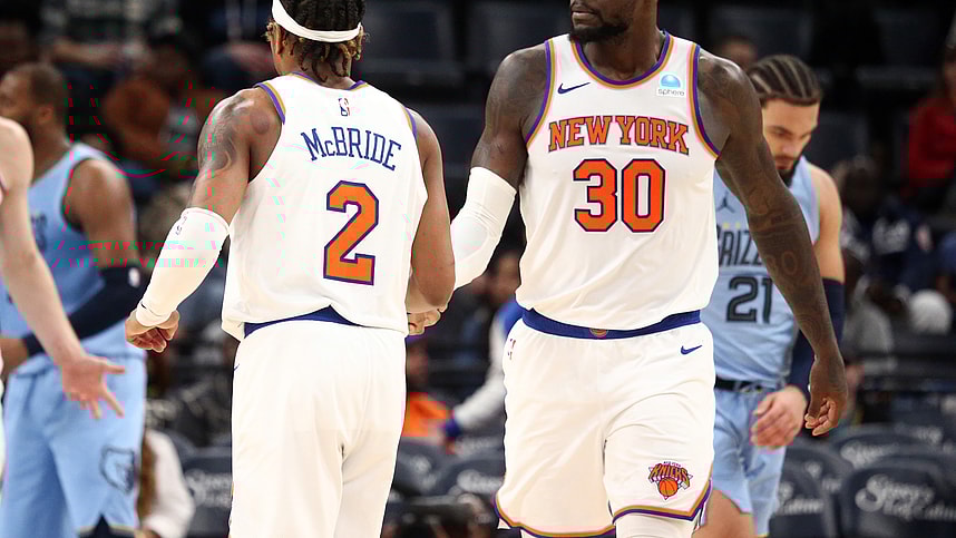 New York Knicks forward Julius Randle (30) reacts with New York Knicks guard Miles McBride (2) during the second half against the Memphis Grizzlies at FedExForum