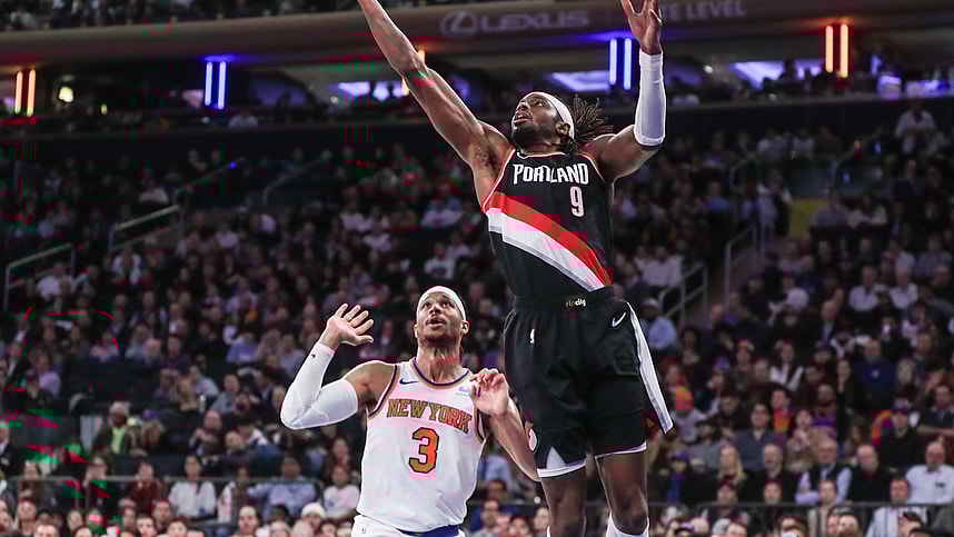 Portland Trail Blazers forward Jerami Grant (9) drives past New York Knicks guard Josh Hart (3) for a layup in the second quarter at Madison Square Garden