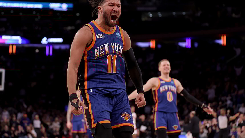 New York Knicks guard Jalen Brunson (11) celebrates his three point shot against the Toronto Raptors during the third quarter at Madison Square Garden