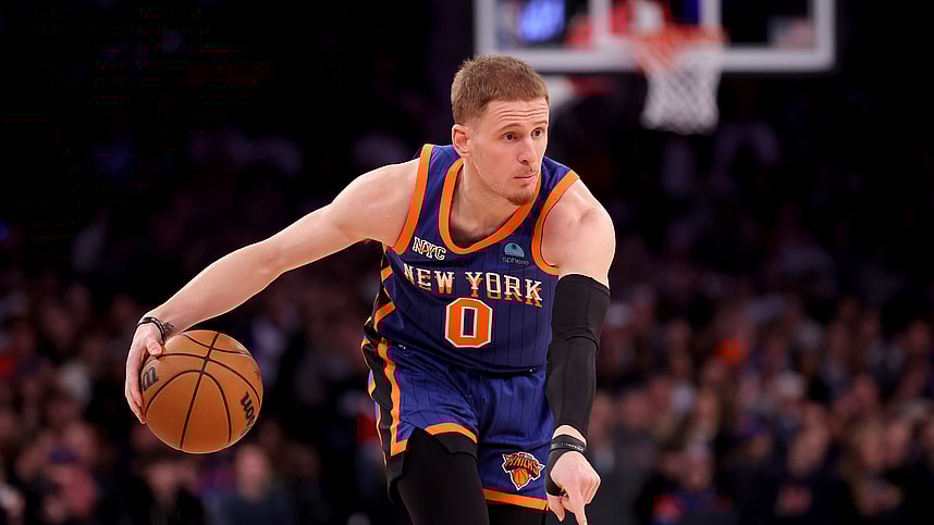 New York Knicks guard Donte DiVincenzo (0) controls the ball against the Toronto Raptors during the second quarter at Madison Square Garden
