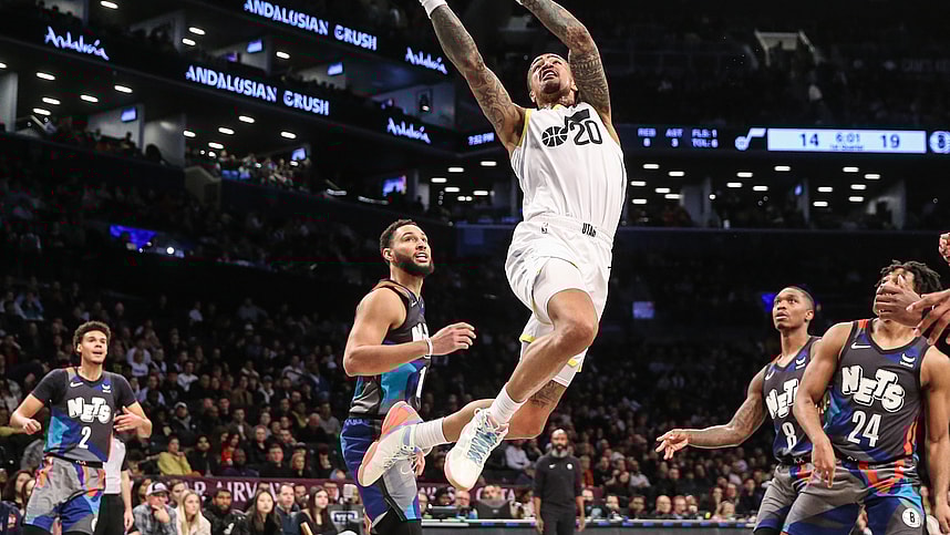 Utah Jazz forward John Collins (20) (New York Knicks trade target) drives to the basket in the first quarter against the Brooklyn Nets at Barclays Center