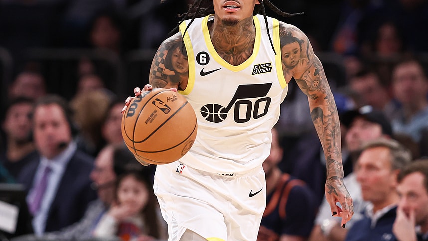 Utah Jazz guard Jordan Clarkson (00) dribbles up court against the New York Knicks during the second half at Madison Square Garden