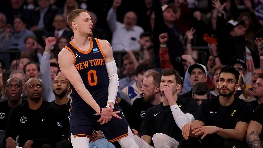 New York Knicks guard Donte DiVincenzo (0) celebrates his three point shot against the Utah Jazz during the first quarter at Madison Square Garden