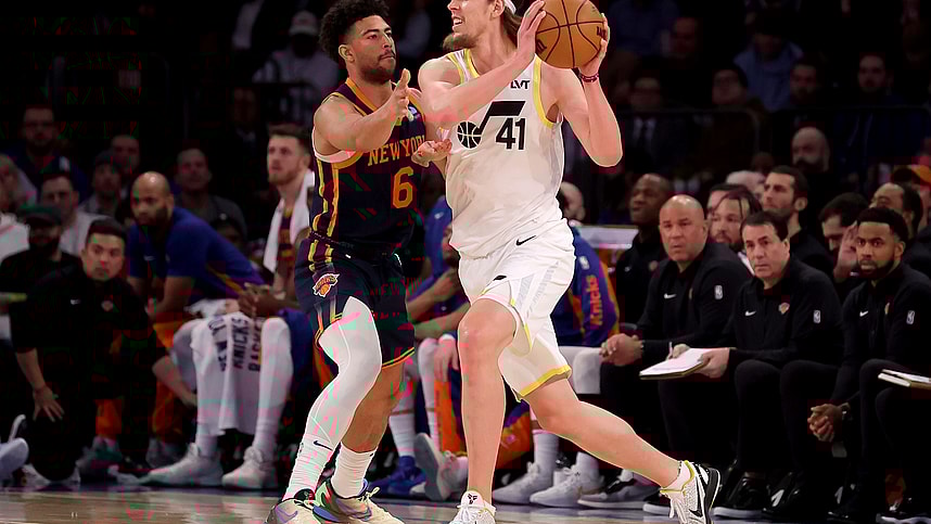 Utah Jazz forward Kelly Olynyk (41) controls the ball against New York Knicks guard Quentin Grimes (6) during the first quarter at Madison Square Garden