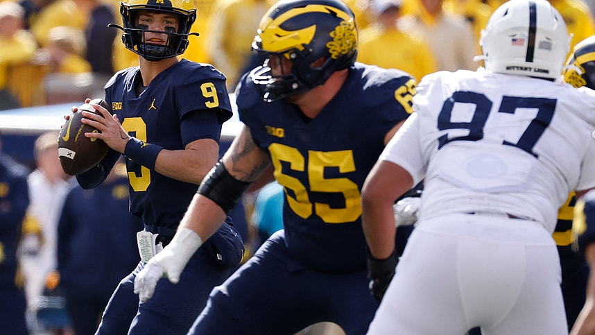 Michigan Wolverines quarterback J.J. McCarthy (9) (New York Giants draft prospect) passes in the second half against the Penn State Nittany Lions at Michigan Stadium