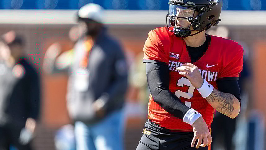 American quarterback Spencer Rattler of South Carolina (2) (New York Giants draft prospect) throws the ball during practice for the American team at Hancock Whitney Stadium