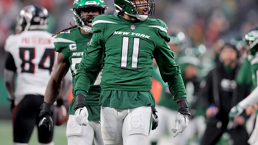 New York Jets linebacker Jermaine Johnson (11) reacts during the fourth quarter against the Atlanta Falcons at MetLife Stadium