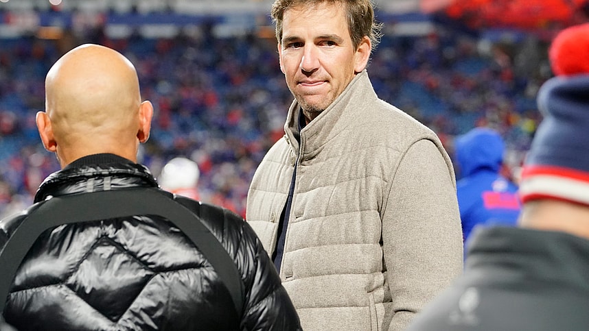 Former New York Giants quarterback Eli Manning prior to the game against the Buffalo Bills during the first half at Highmark Stadium