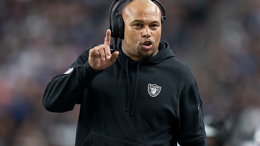 Las Vegas Raiders interim head coach Antonio Pierce signals against the New York Giants during the second quarter at Allegiant Stadium