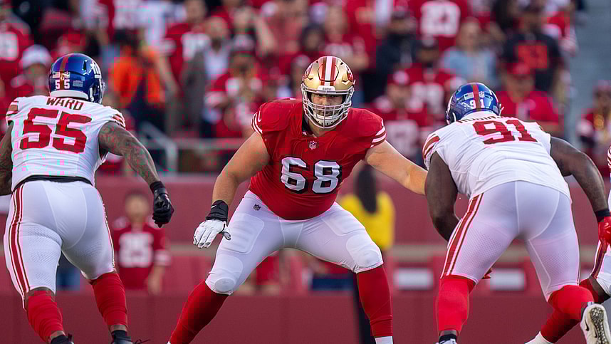 San Francisco 49ers offensive tackle Colton McKivitz (68) blocks New York Giants defensive tackle A'Shawn Robinson (91) during the first quarter at Levi's Stadium