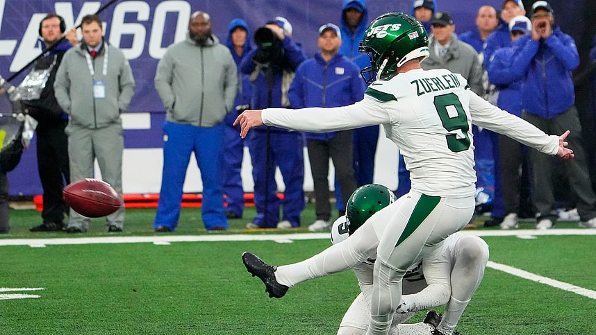 New York Jets kicker Greg Zuerlein (9) kicks a game winning field goal in overtime against the New York Giants at MetLife Stadium