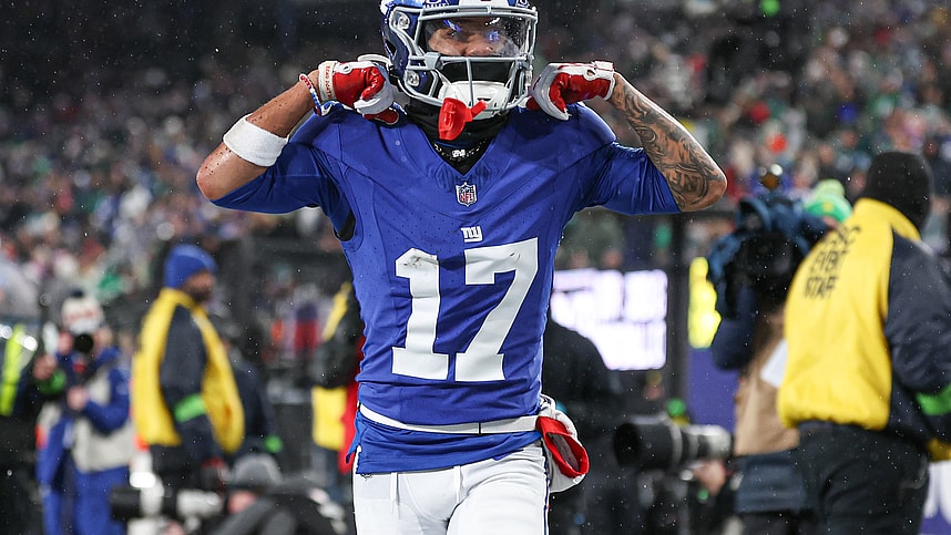 Jan 7, 2024; East Rutherford, New Jersey, USA; New York Giants wide receiver Wan'Dale Robinson (17) reacts after a first down reception during the first half against the Philadelphia Eagles at MetLife Stadium. Mandatory Credit: Vincent Carchietta-USA TODAY Sports