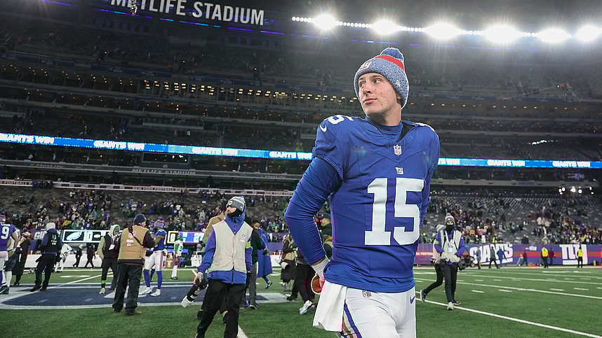 New York Giants quarterback Tommy DeVito (15) walks off the field after the game against the Philadelphia Eagles at MetLife Stadium
