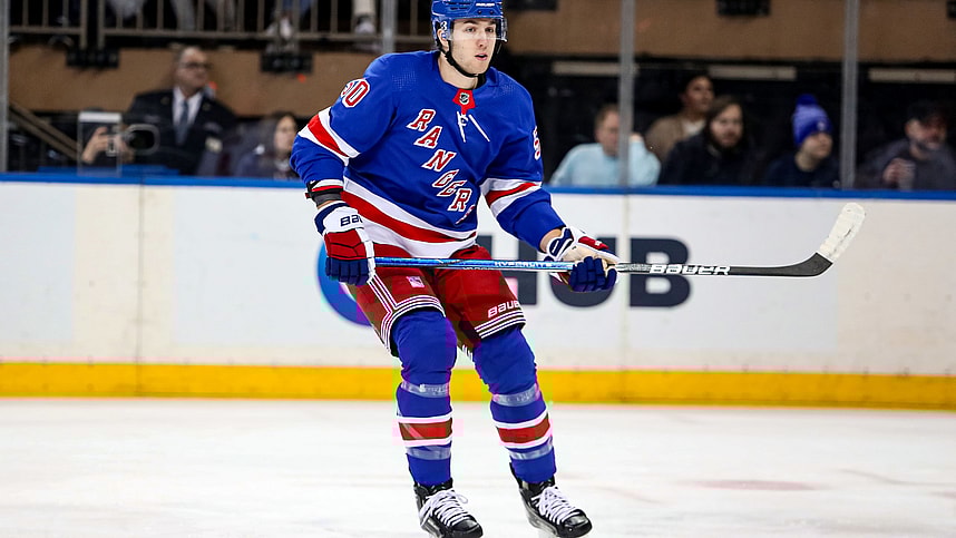 New York Rangers left wing Will Cuylle (50) skates against the Carolina Hurricanes during the first period at Madison Square Garden