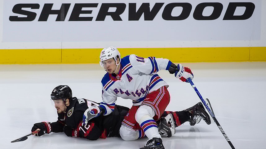 Ottawa Senators defenseman Thomas Chabot (72) collides with New York Rangers left wing Artemi Panarin (10) in the third period at the Canadian Tire Centre