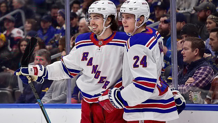 New York Rangers center Filip Chytil (72) is congratulated by right wing Kaapo Kakko (24) after scoring during the first period against the St. Louis Blues at Enterprise Center