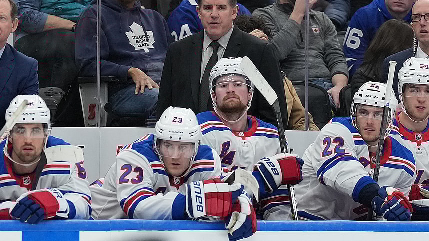 New York Rangers head coach Peter Laviolette watches the play against the Toronto Maple Leafs during the third period at Scotiabank Arena