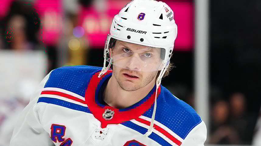 New York Rangers defenseman Jacob Trouba (8) warms up before a game against the Vegas Golden Knights at T-Mobile Arena